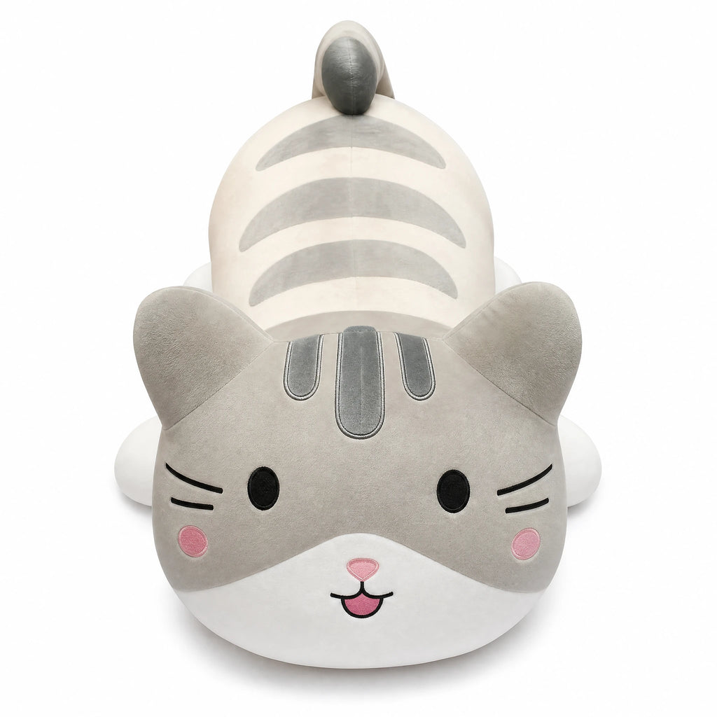 Cat Stuffed Animal Pillow with Grey Stripes - Fond blanc