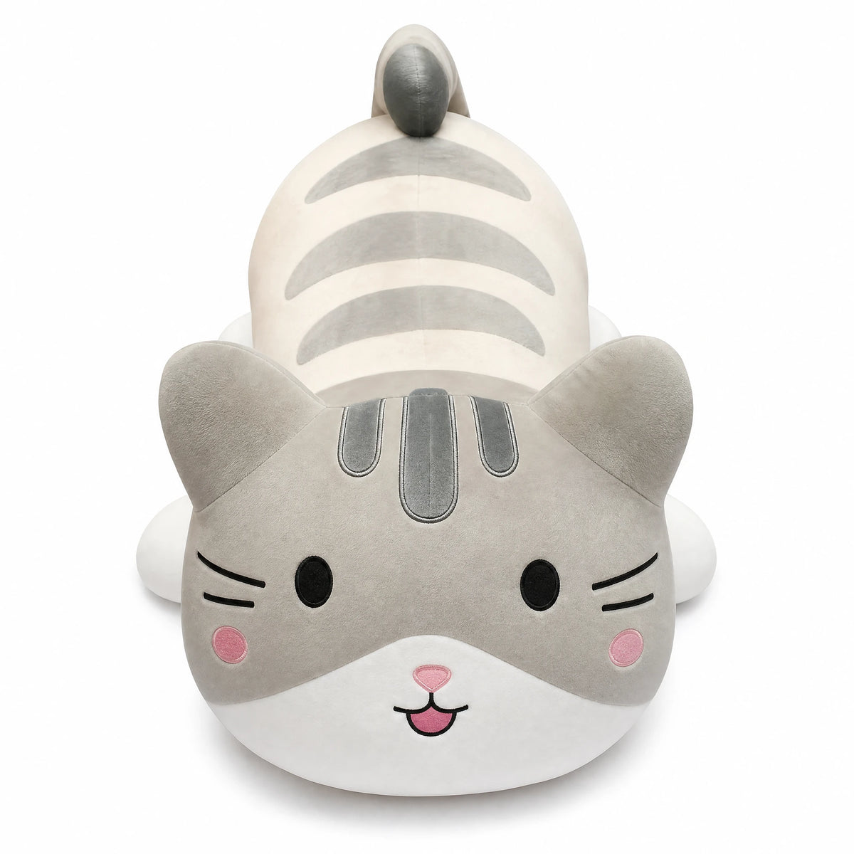Cat Stuffed Animal Pillow with Grey Stripes - Fond blanc