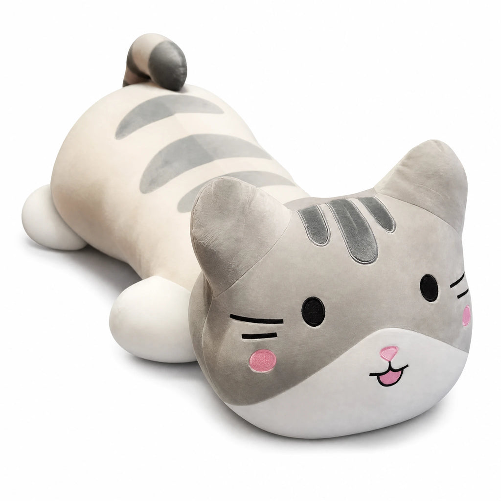 Cat Stuffed Animal Pillow with Grey Stripes - Fond blanc, autre angle