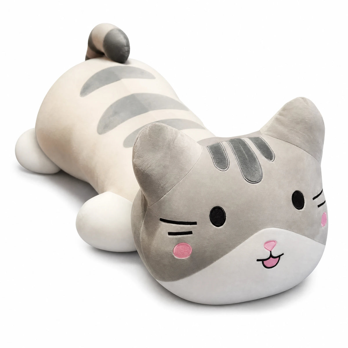 Cat Stuffed Animal Pillow with Grey Stripes - Fond blanc, autre angle