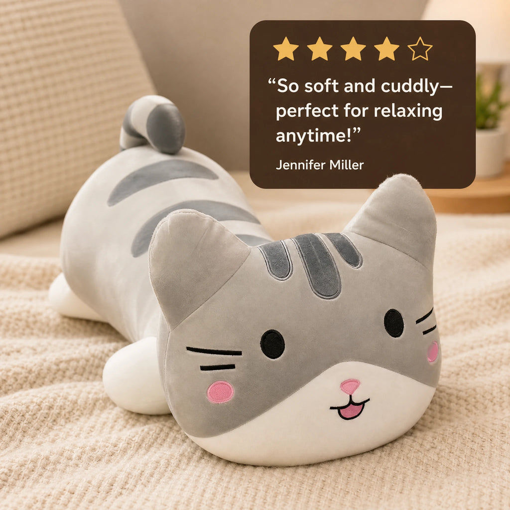 Cat Stuffed Animal Pillow with Grey Stripes - Image témoignage