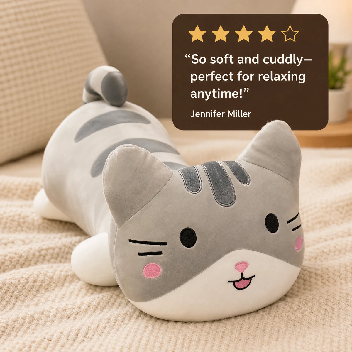 Cat Stuffed Animal Pillow with Grey Stripes - Image témoignage