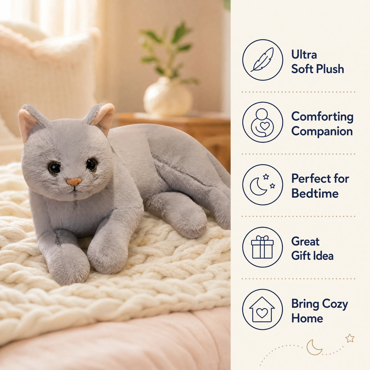 Cat Stuffed Animal – Soft Gray Plush in Sitting Pose - Bénéfices produit
