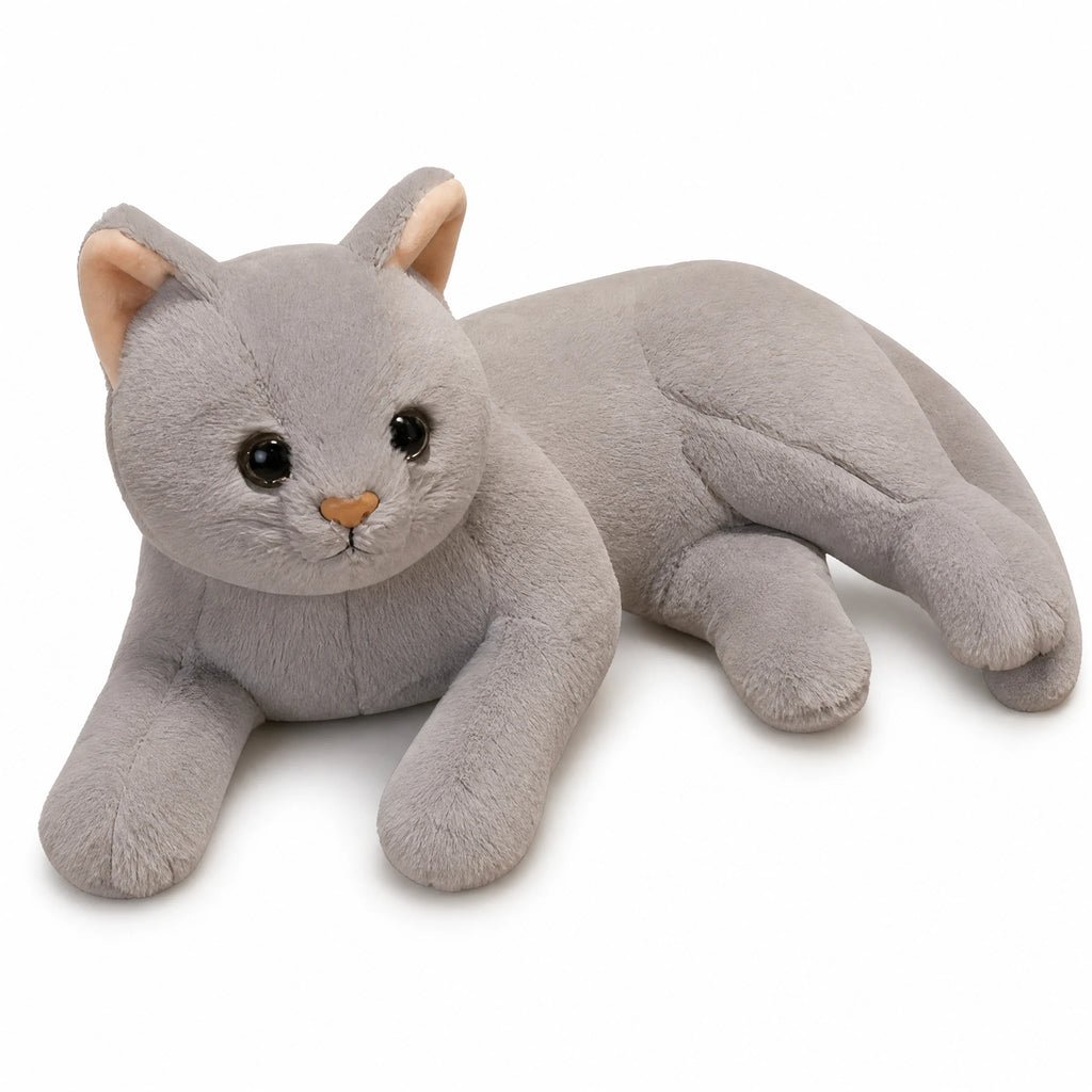 Cat Stuffed Animal – Soft Gray Plush in Sitting Pose - Fond blanc, autre angle