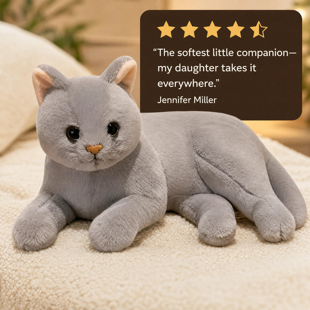 Cat Stuffed Animal – Soft Gray Plush in Sitting Pose - Image témoignage