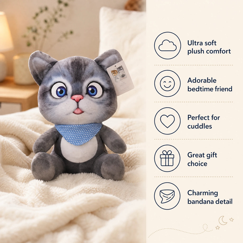 Cat Stuffed Animal with Big Blue Eyes and Bandana - Bénéfices produit