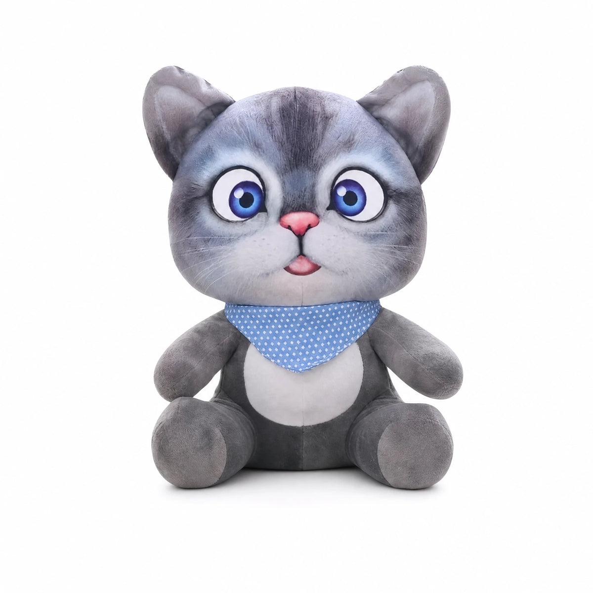 Cat Stuffed Animal with Big Blue Eyes and Bandana - Fond blanc