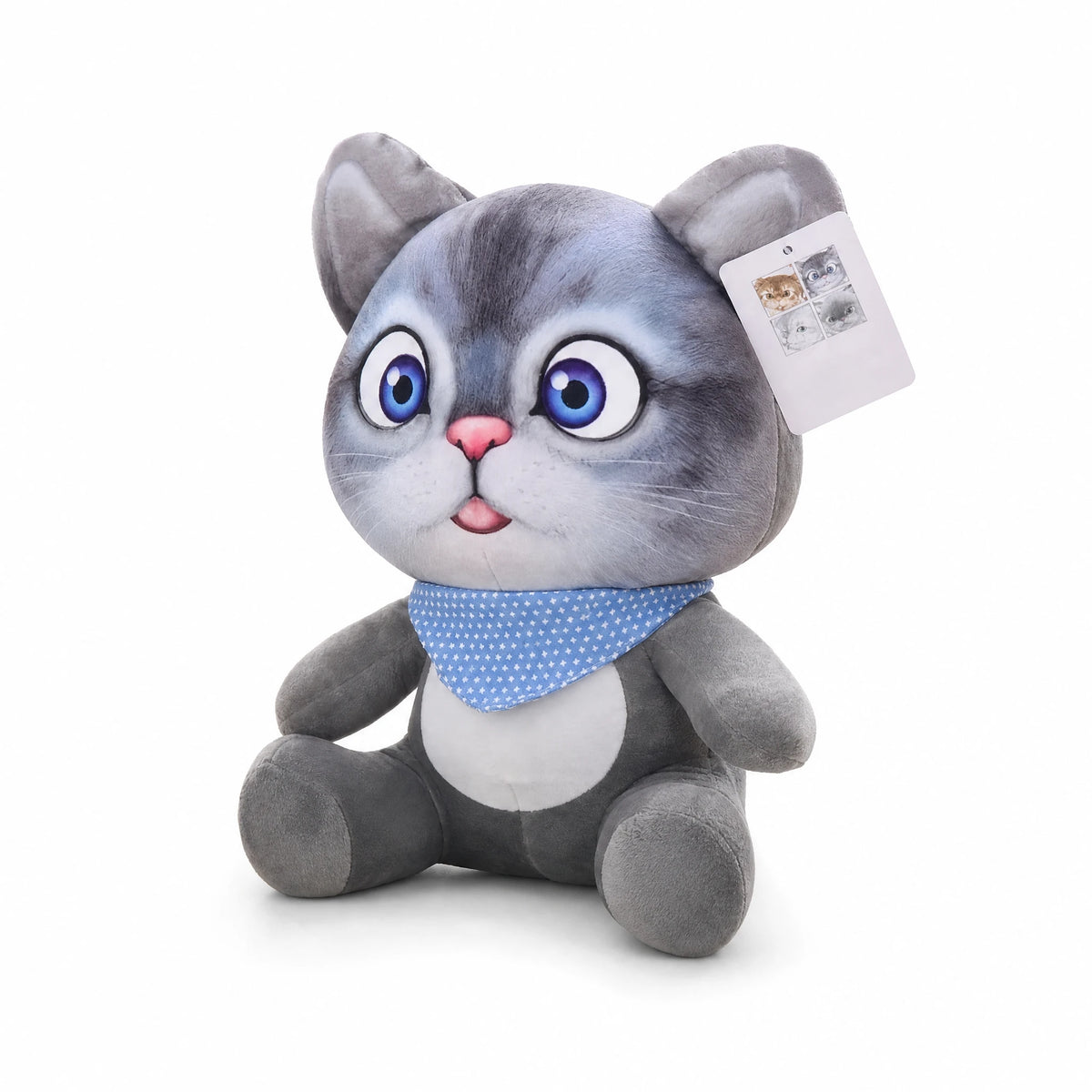 Cat Stuffed Animal with Big Blue Eyes and Bandana - Fond blanc, autre angle