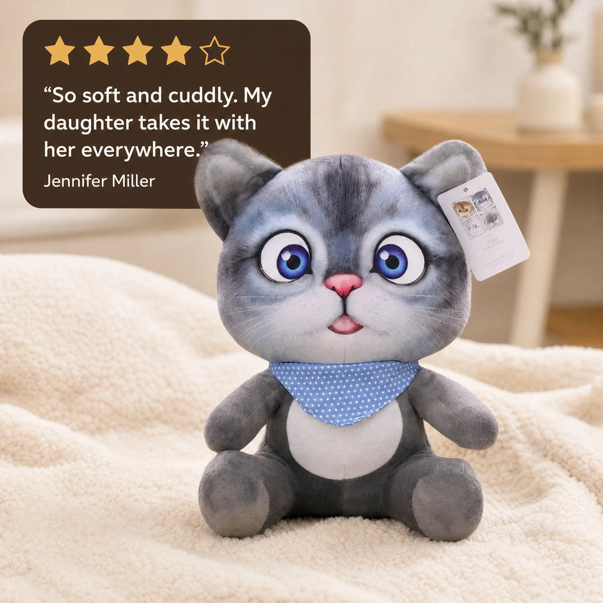Cat Stuffed Animal with Big Blue Eyes and Bandana - Image témoignage