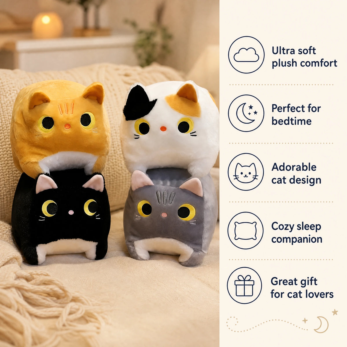 Cat Stuffed Animal with Cubic Plush Design - Bénéfices produit