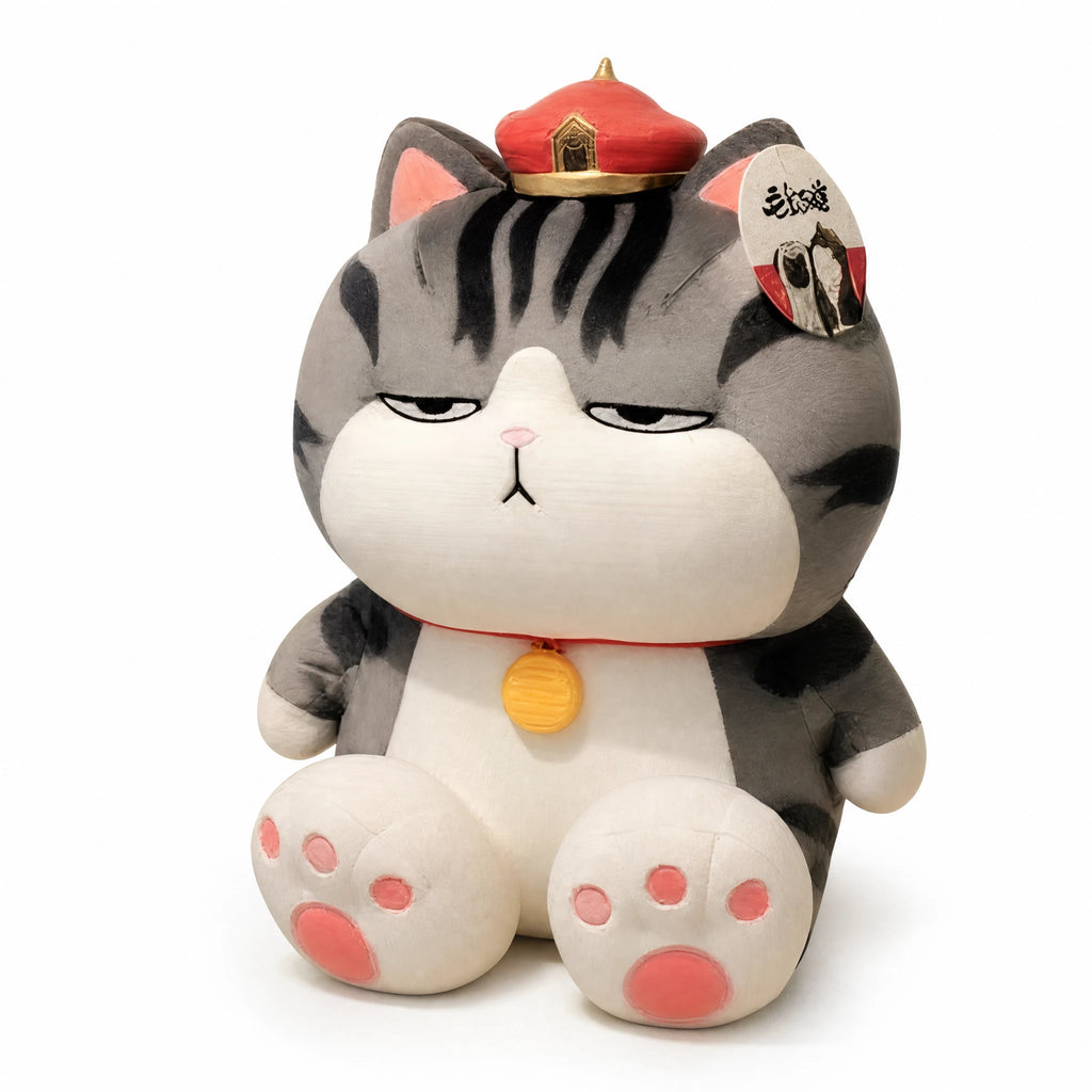 Cat Stuffed Animal with Emperor Hat and Pink Paws - Fond blanc, autre angle