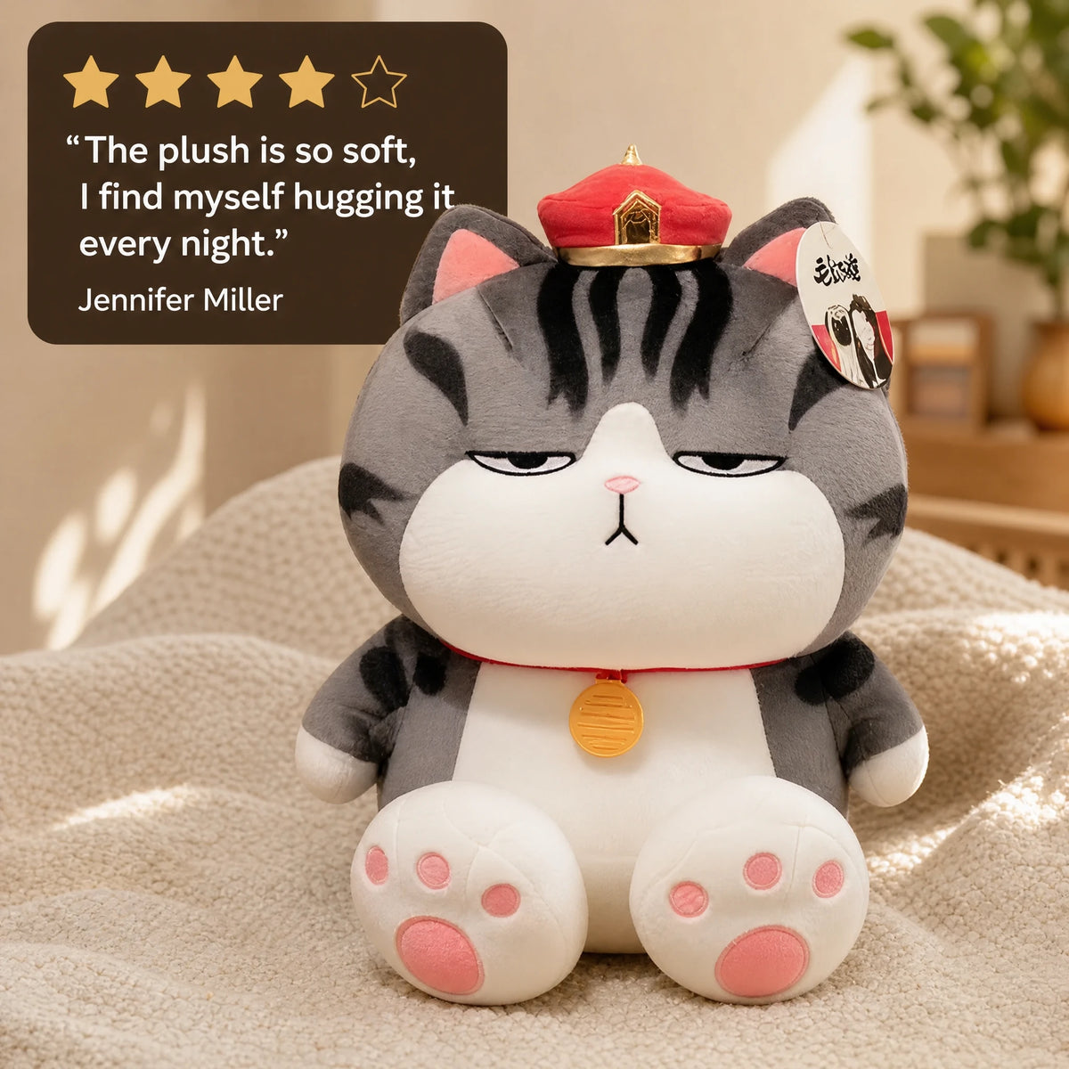 Cat Stuffed Animal with Emperor Hat and Pink Paws - Image témoignage
