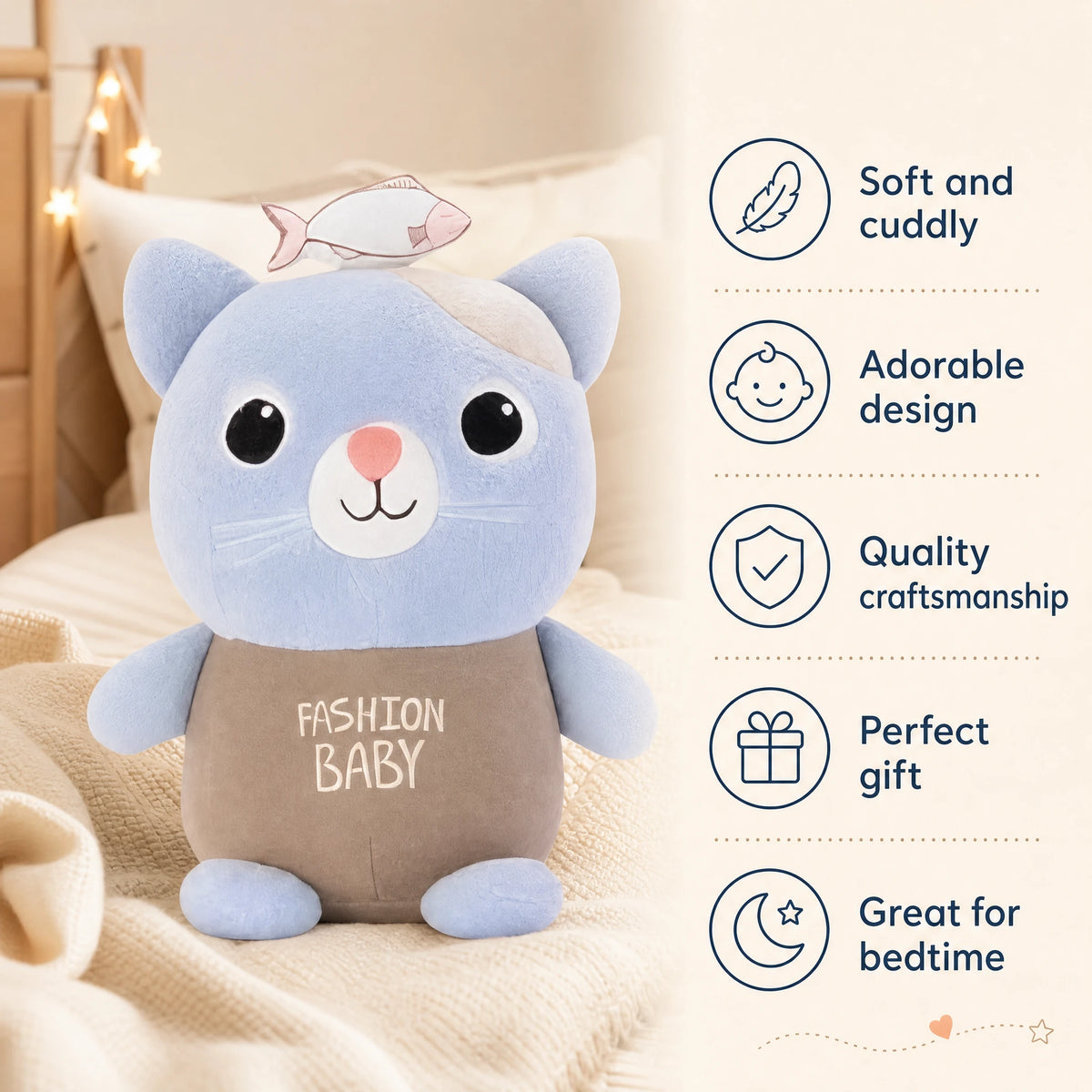 Cat Stuffed Animal with Fish Detail and Fashion Baby Print - Bénéfices produit