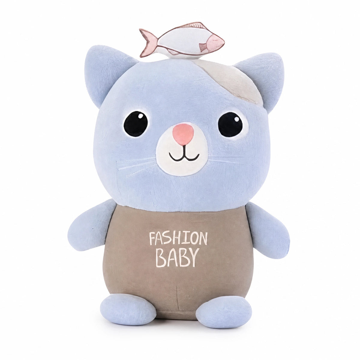 Cat Stuffed Animal with Fish Detail and Fashion Baby Print - Fond blanc