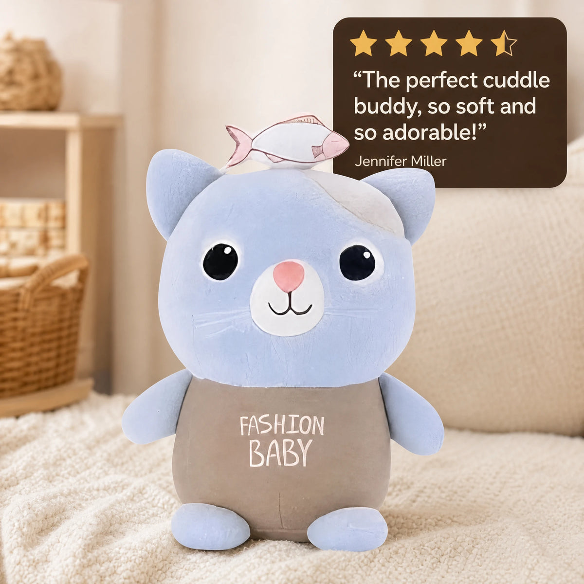 Cat Stuffed Animal with Fish Detail and Fashion Baby Print - Image témoignage