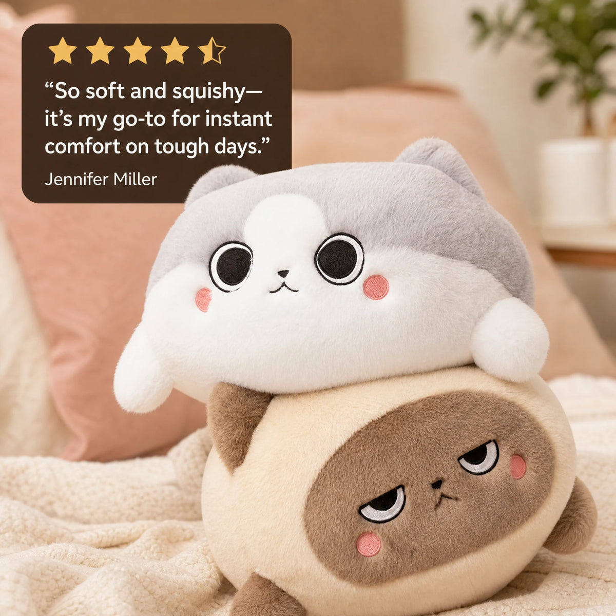 Cat Stuffed Animal with Fishtail Design and Mood Faces - Image témoignage