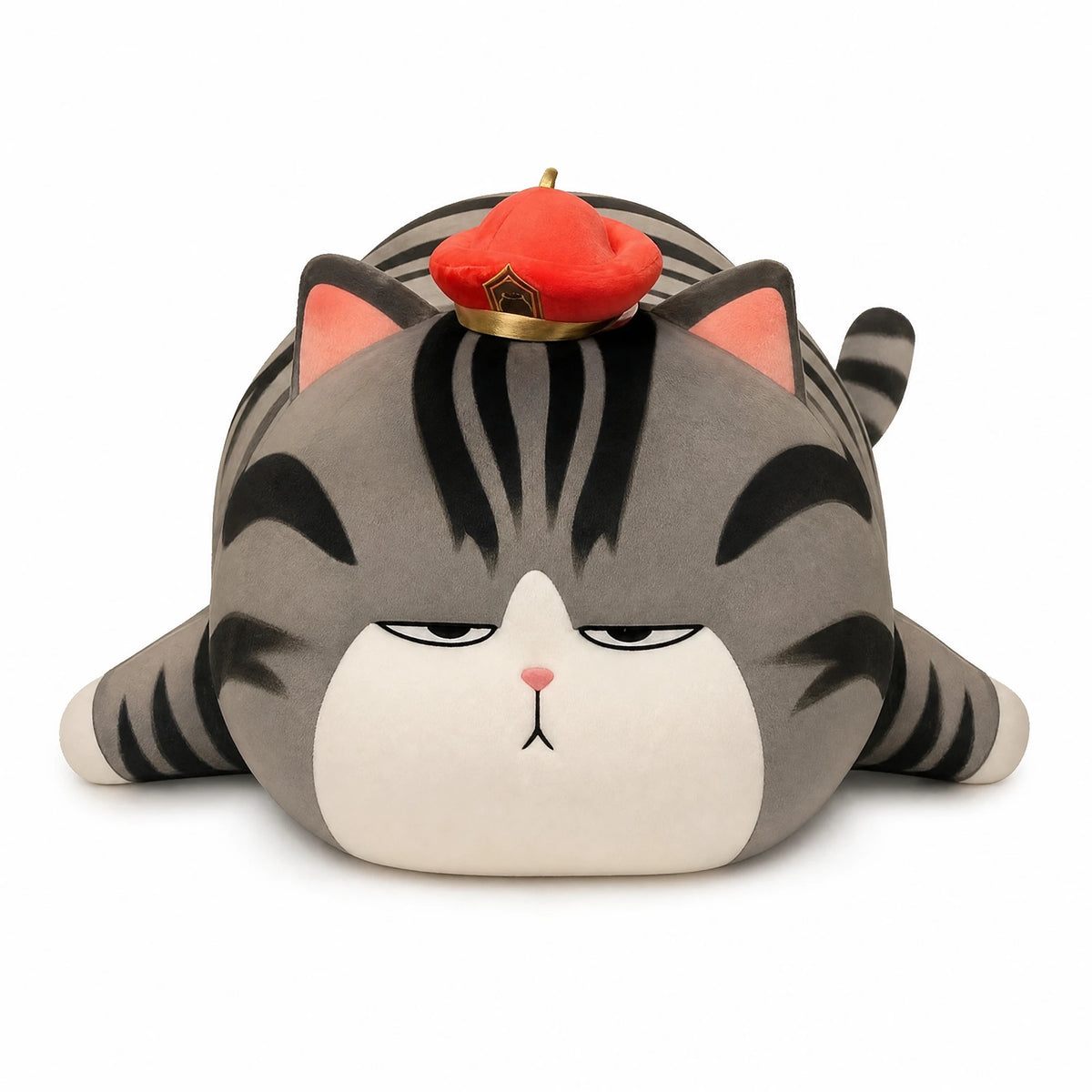 Cat Stuffed Animal with Gray Tabby Stripes and Ramen Hat - Fond blanc