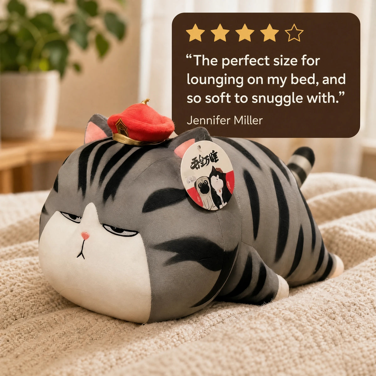 Cat Stuffed Animal with Gray Tabby Stripes and Ramen Hat - Image témoignage