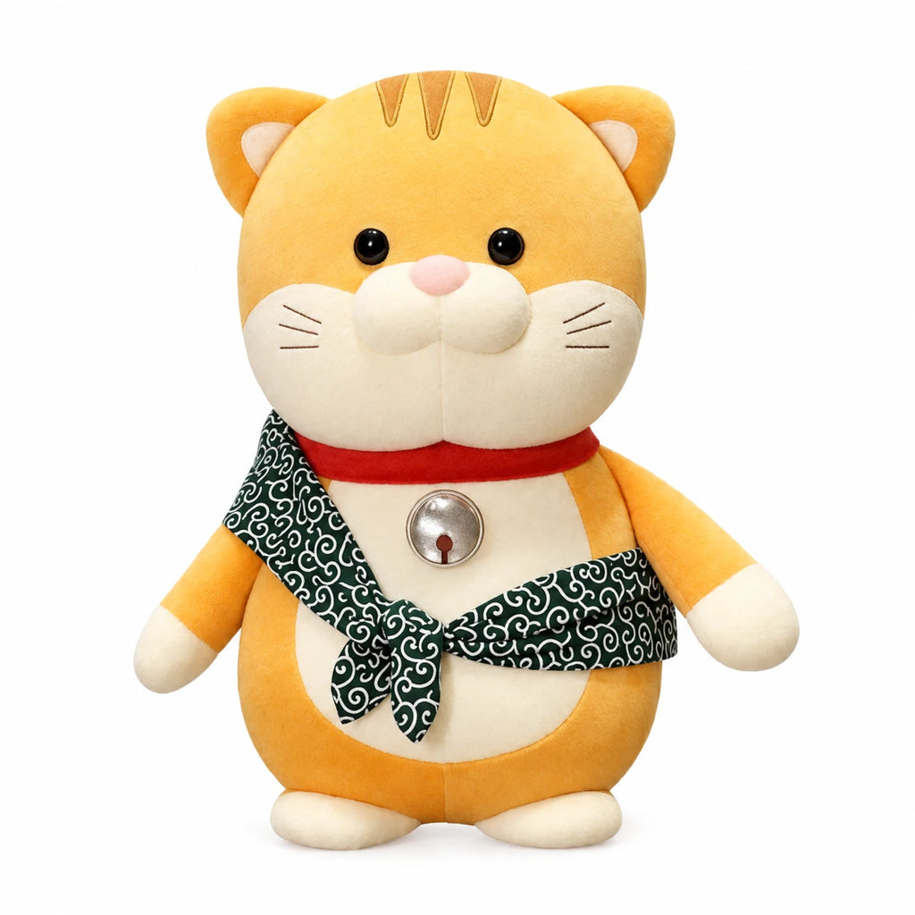 Cat Stuffed Animal with Patterned Scarf and Red Collar - 10in / 25cm · 14in / 35cm · 17.5in / 45cm
