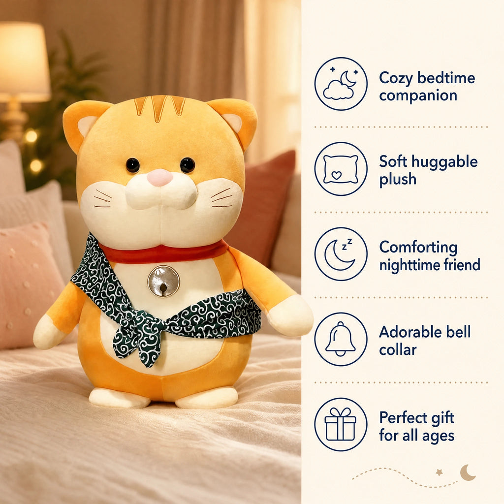 Cat Stuffed Animal with Patterned Scarf and Red Collar - Bénéfices produit