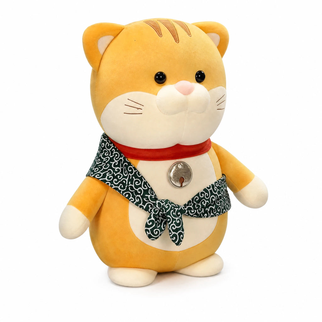 Cat Stuffed Animal with Patterned Scarf and Red Collar - Fond blanc, autre angle