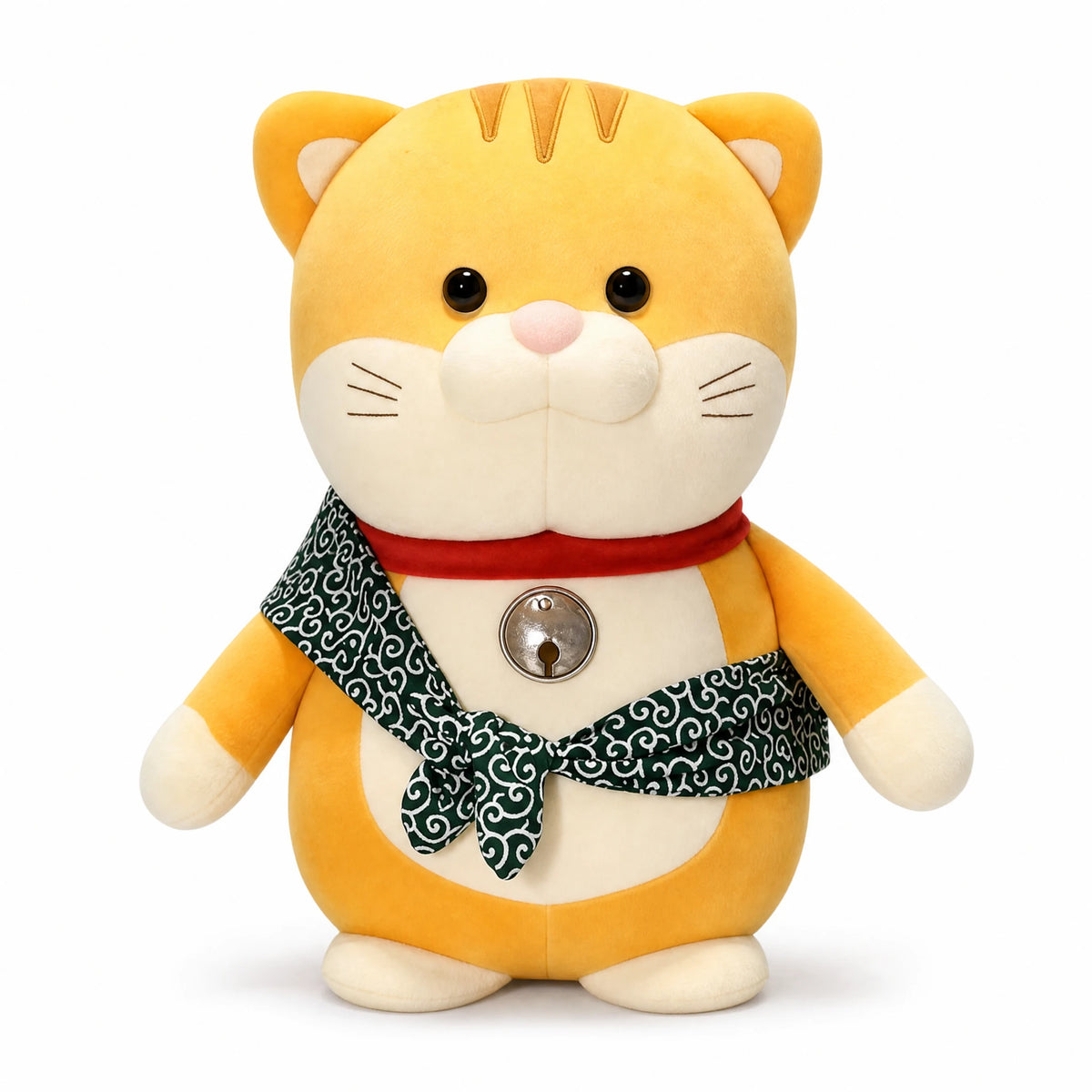 Cat Stuffed Animal with Patterned Scarf and Red Collar - Fond blanc