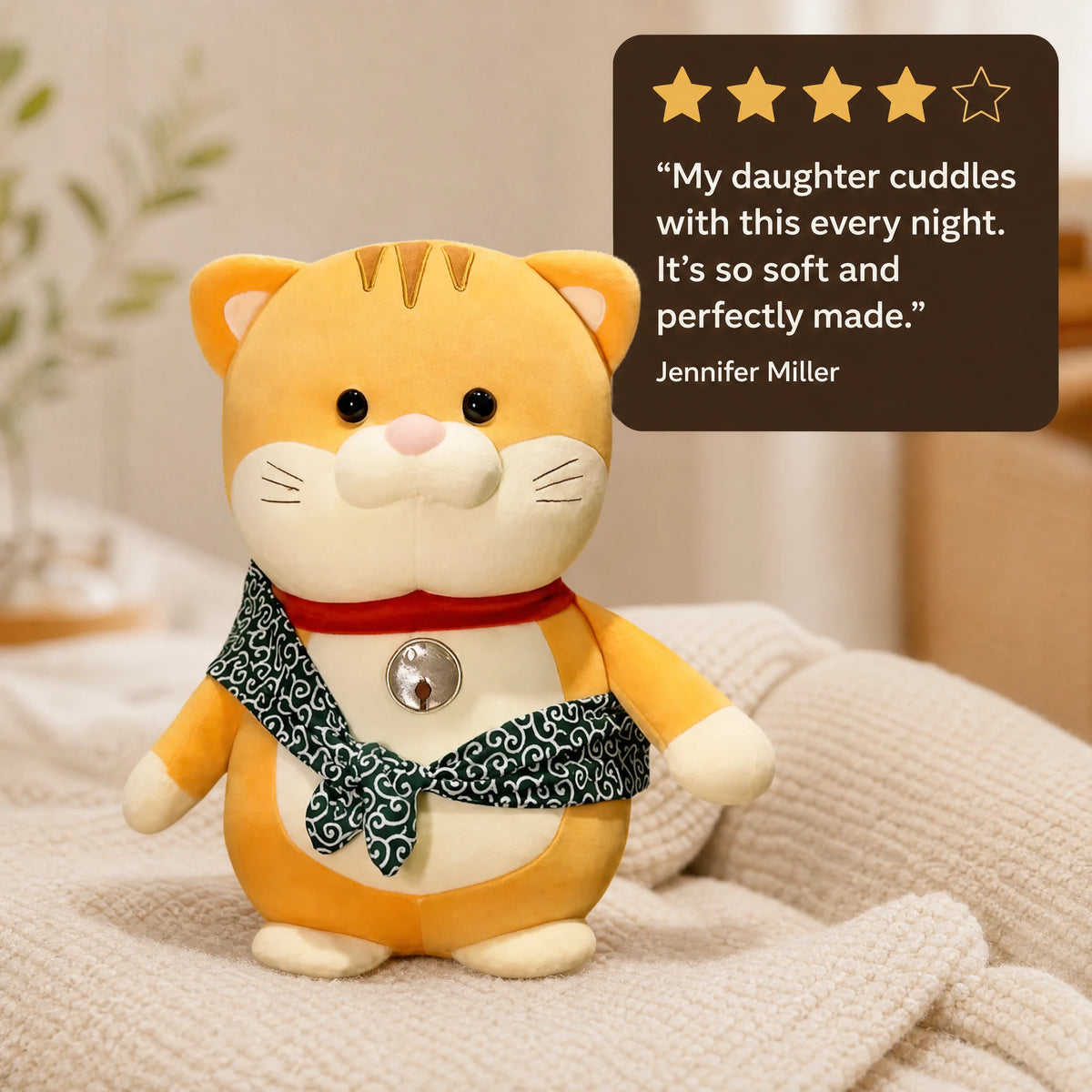 Cat Stuffed Animal with Patterned Scarf and Red Collar - Image témoignage