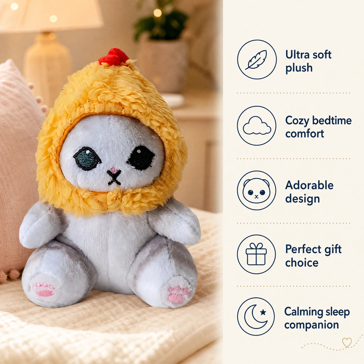 Cat Stuffed Animal with Yellow Chicken Hood and Pink Paws - Bénéfices produit