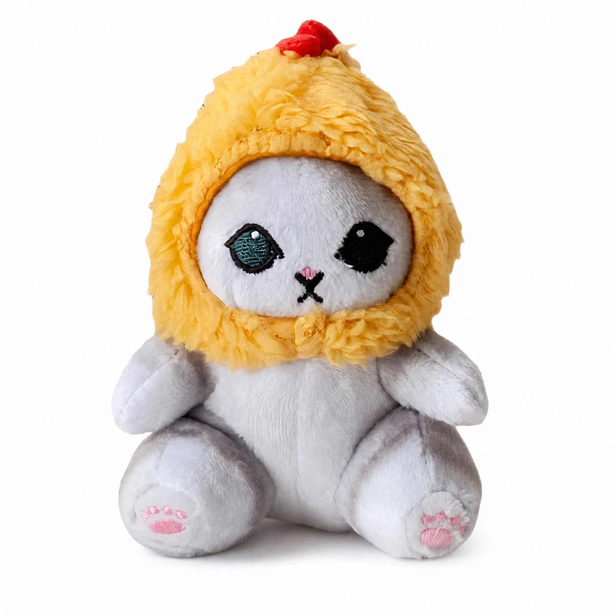 Cat Stuffed Animal with Yellow Chicken Hood and Pink Paws - Fond blanc