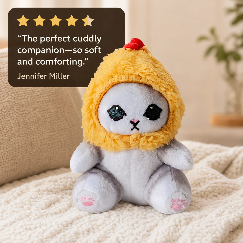 Cat Stuffed Animal with Yellow Chicken Hood and Pink Paws - Image témoignage