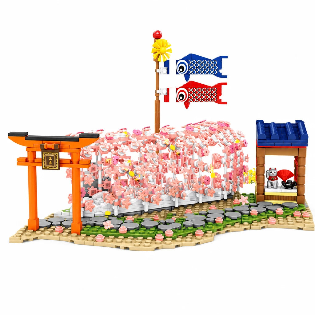 Cherry Blossom Building Set with LED Tunnel and Torii Gate - Fond blanc