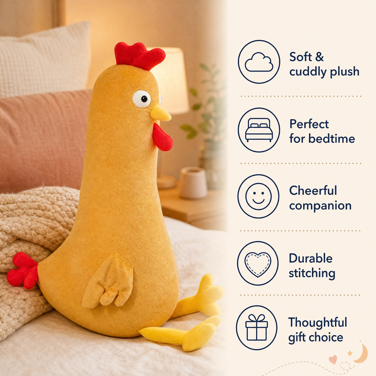 Chicken Plush Toy in Yellow and Orange with Red Crest - Bénéfices produit