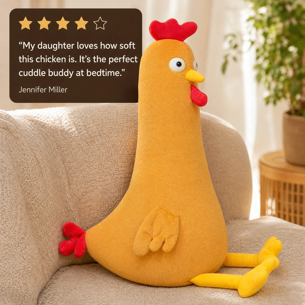 Chicken Plush Toy in Yellow and Orange with Red Crest - Image témoignage