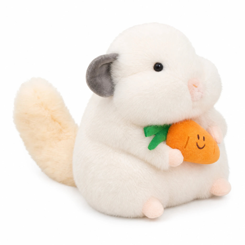 Chinchilla Plush with Carrot, Soft Chubby Round Body - Fond blanc