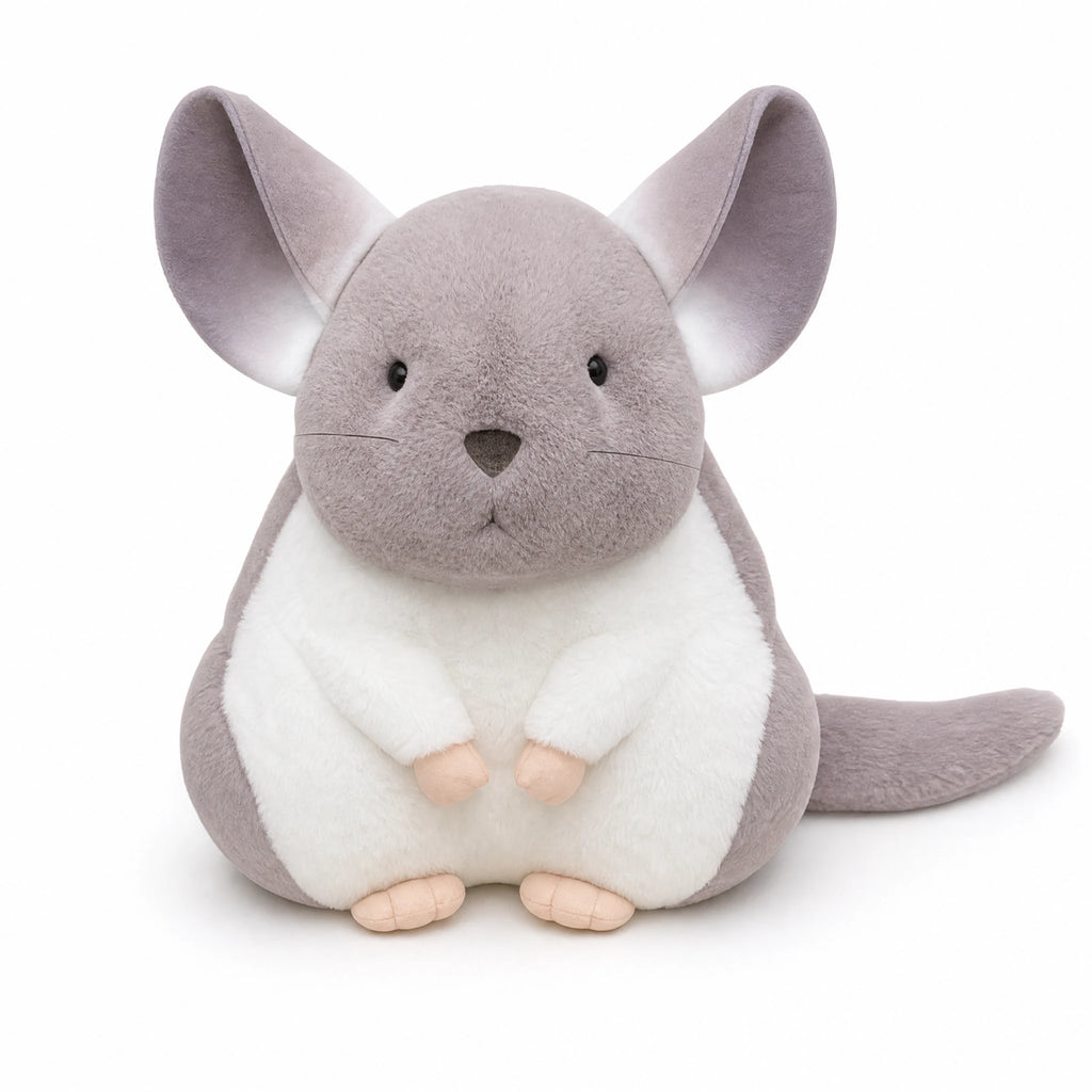 Chinchilla Plush with Embroidered Face and Soft Ears - Fond blanc