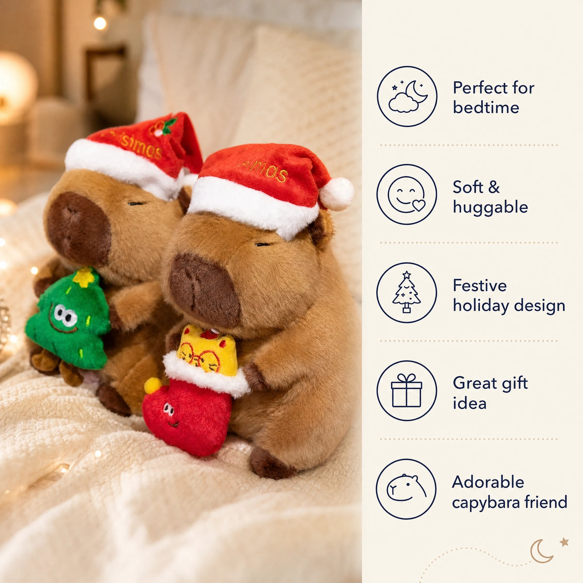 Christmas Capybara Plush with Santa Hat and Holiday Friends - Bénéfices produit