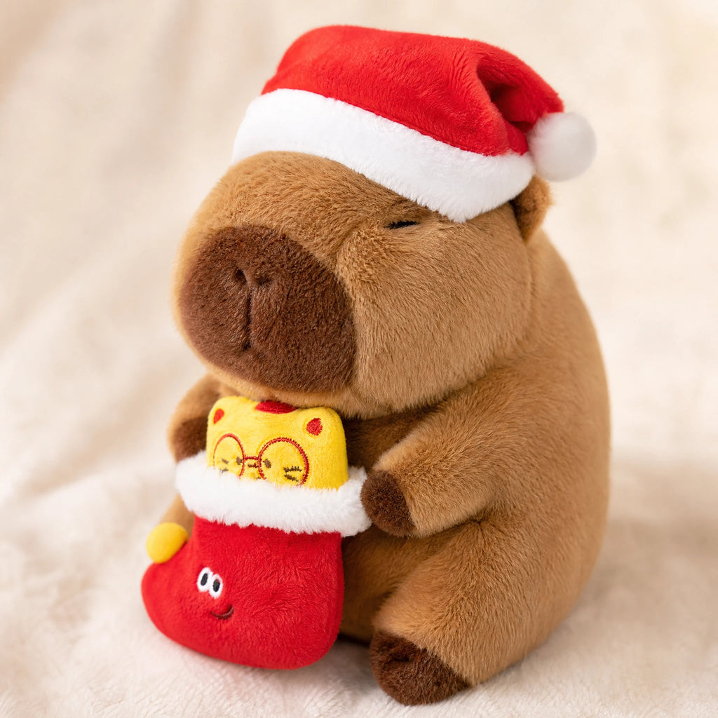Christmas Capybara Plush with Santa Hat and Holiday Friends - Détail matière