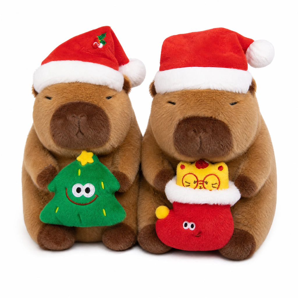 Christmas Capybara Plush with Santa Hat and Holiday Friends - Fond blanc