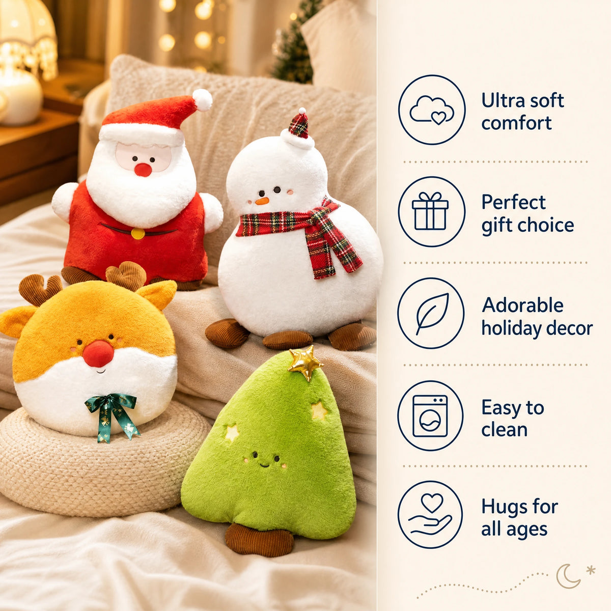 Christmas Plush Toy Set with Santa, Snowman, Reindeer & Tree - Bénéfices produit