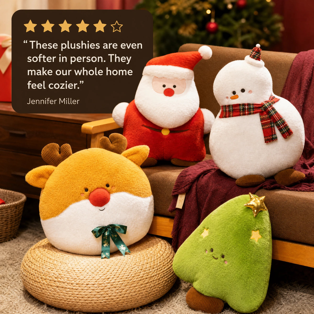 Christmas Plush Toy Set with Santa, Snowman, Reindeer & Tree - Image témoignage