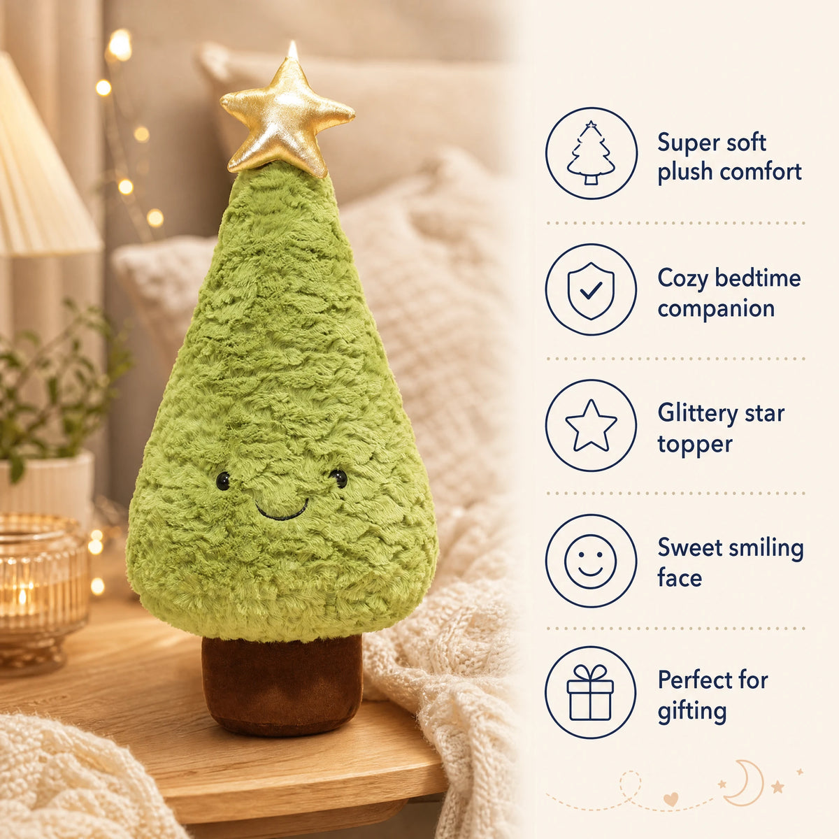 Christmas Tree Plush with Smiling Face and Gold Star - Bénéfices produit