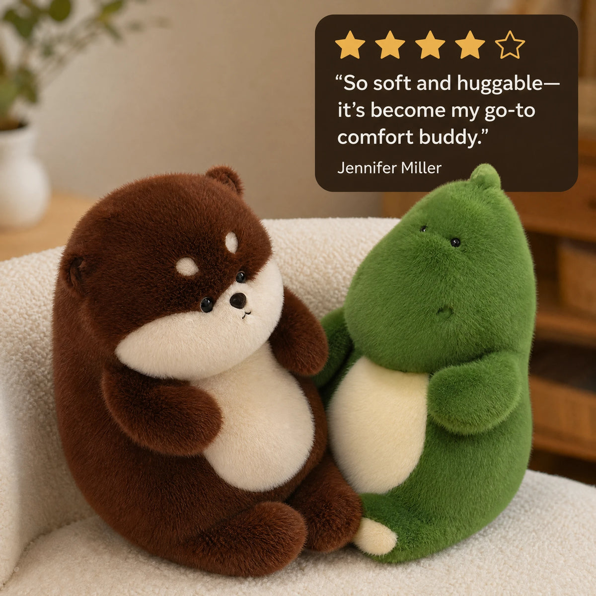 Chubby Animal Plush in Beaver, Dino, Cat, Fox, and Dog Designs - Image témoignage