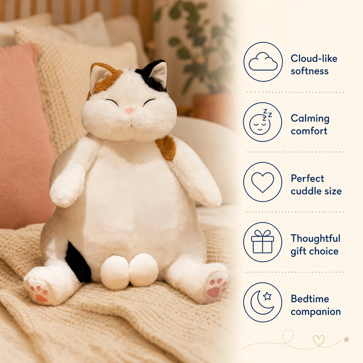 Chubby Cat Plush with Calico Patches and Soft Cotton - Bénéfices produit