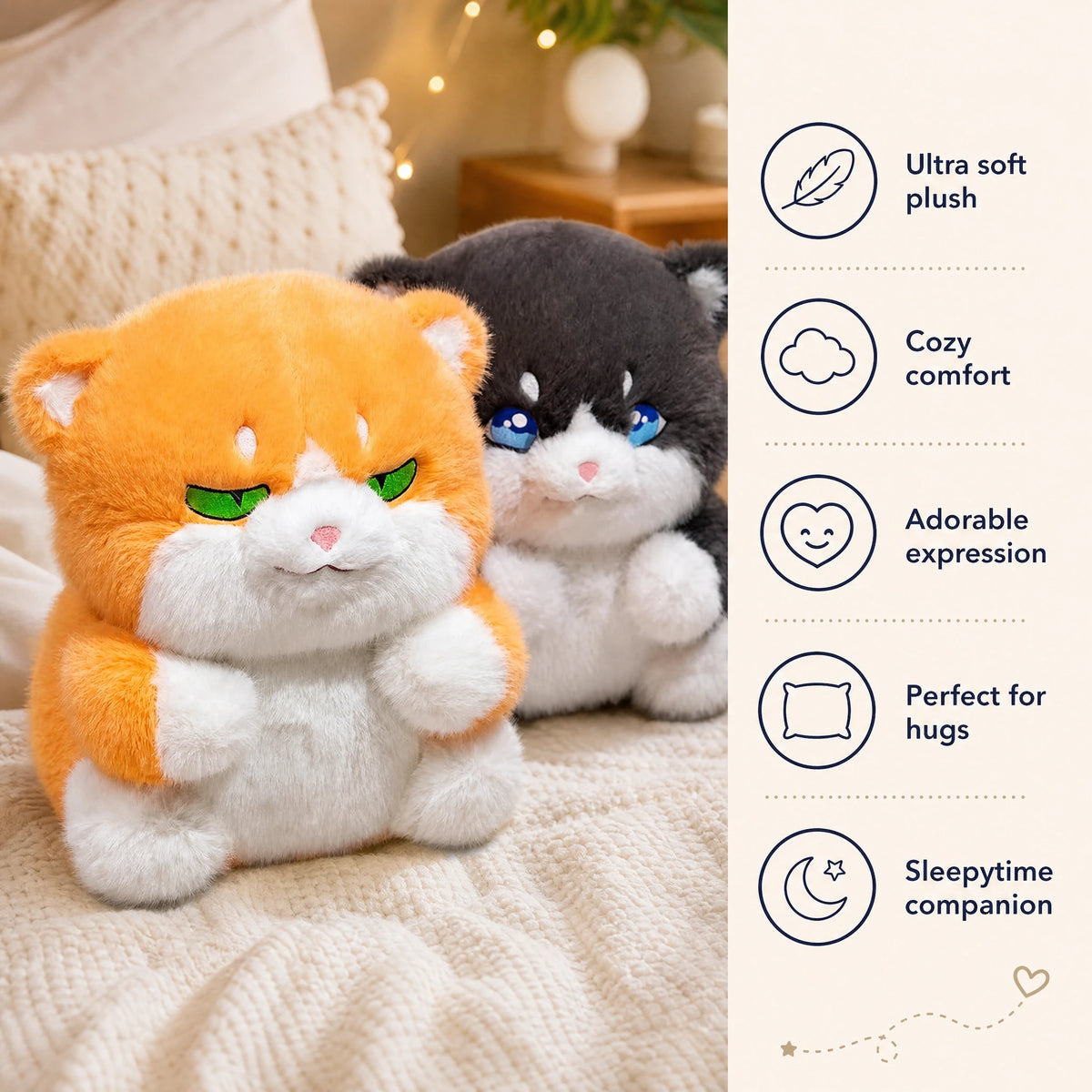 Chubby Cat Plush with Expressive Eyes in Gray or Ginger - Bénéfices produit