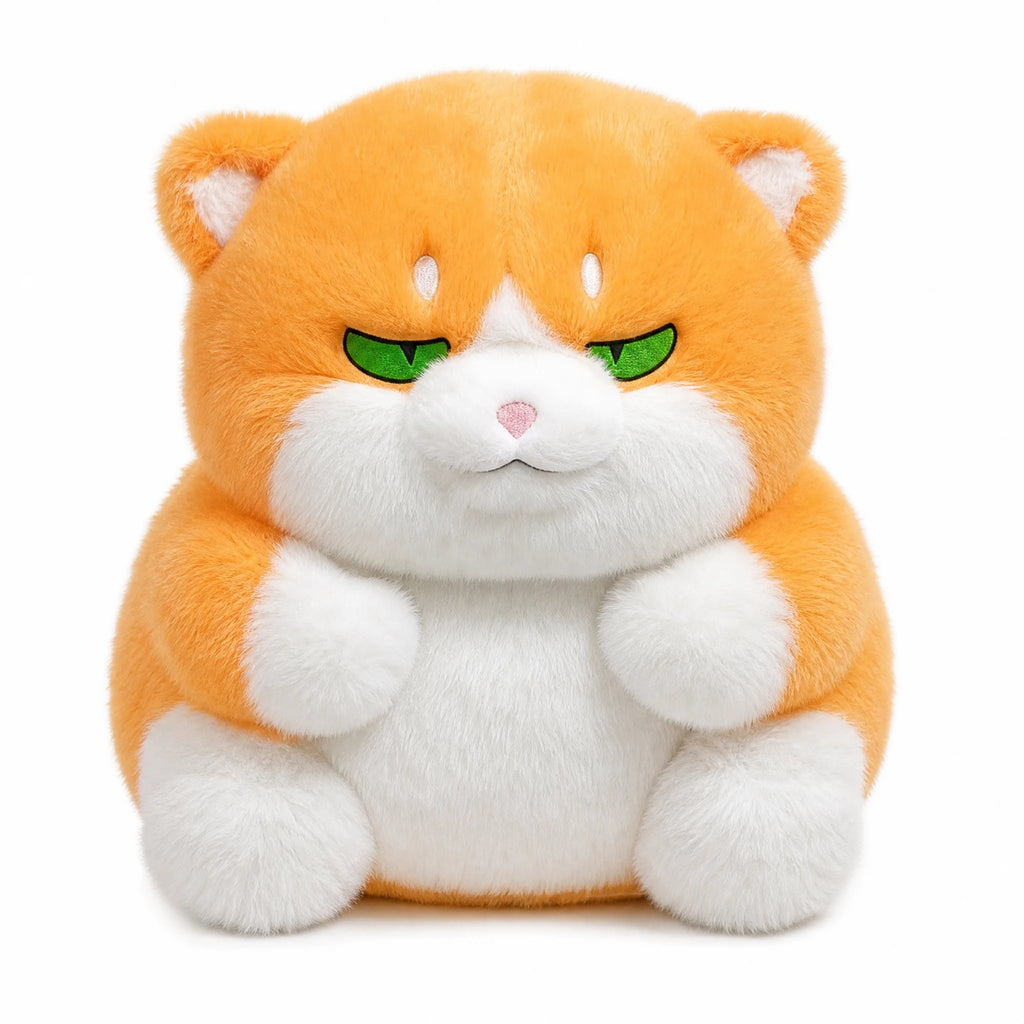 Chubby Cat Plush with Expressive Eyes in Gray or Ginger - Fond blanc