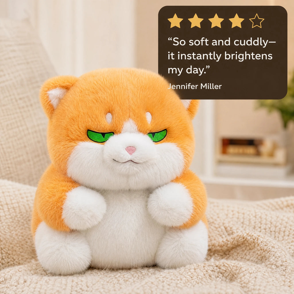 Chubby Cat Plush with Expressive Eyes in Gray or Ginger - Image témoignage