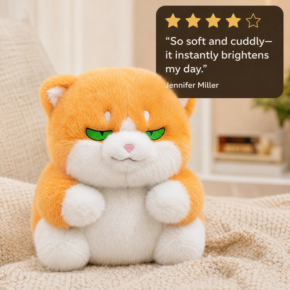 Chubby Cat Plush with Expressive Eyes in Gray or Ginger - Image témoignage