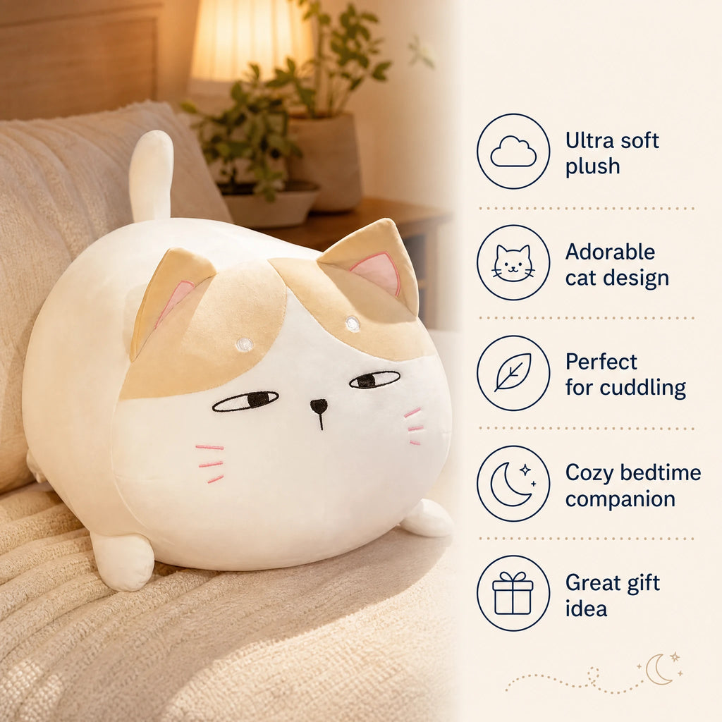 Chubby Cat Plush with Soft Round Shape and Embroidered Face - Bénéfices produit
