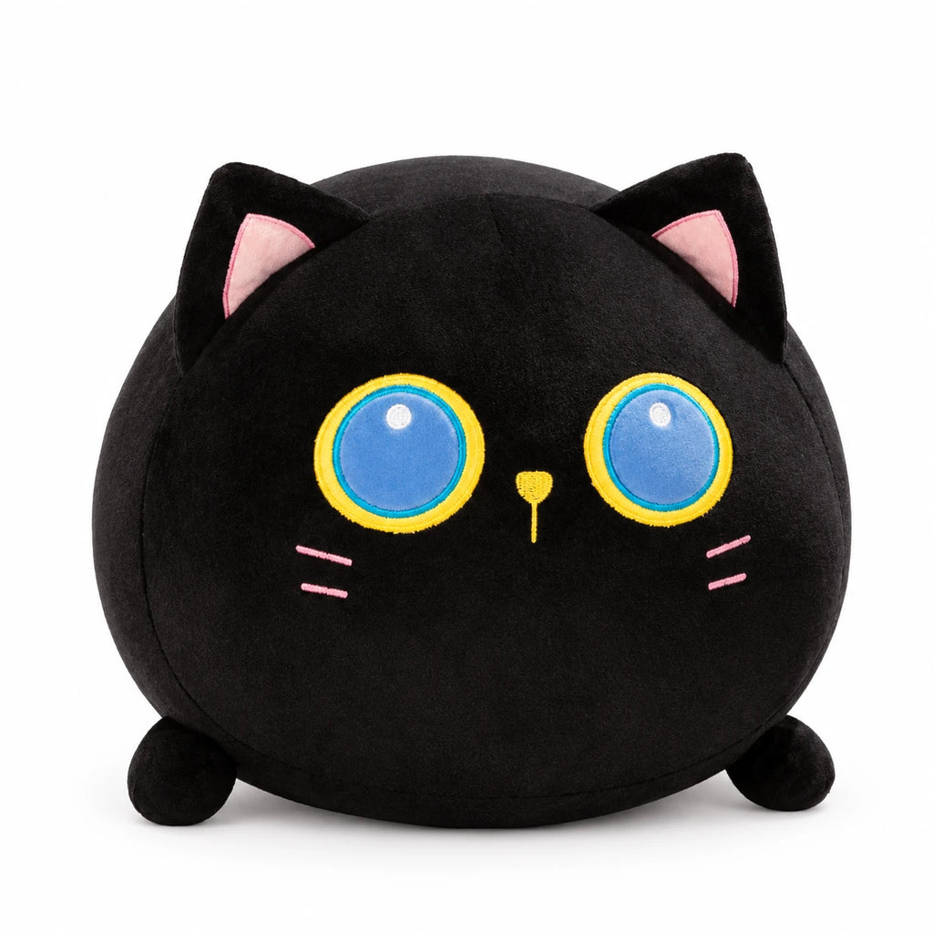Chubby Cat Plush with Soft Round Shape and Embroidered Face - Black (Kiki) / 12in / 30cm … (3 tailles)