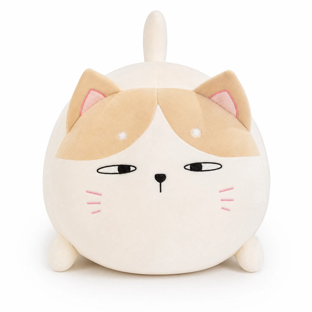 Chubby Cat Plush with Soft Round Shape and Embroidered Face - Fond blanc
